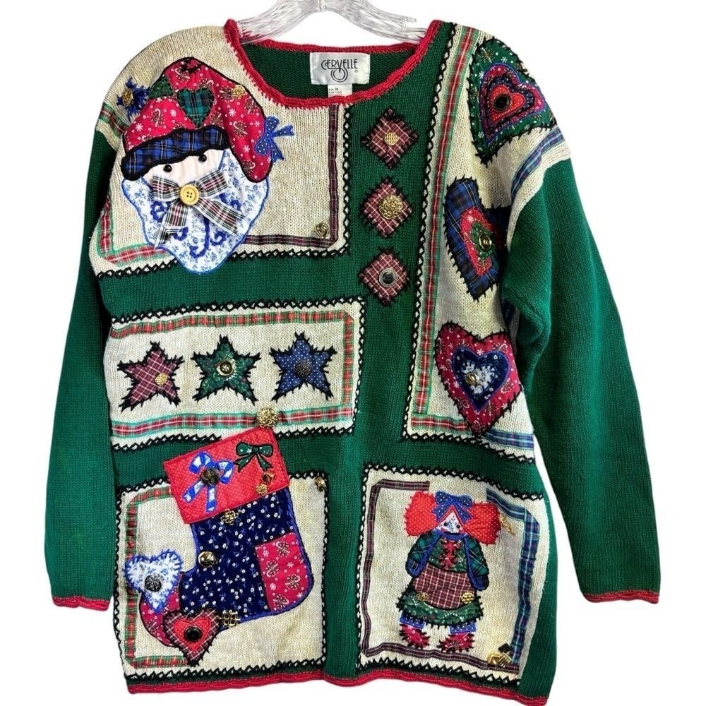 Vintage Cervelle Christmas Patchwork Ugly Holiday Novelty Kitsch Sweater